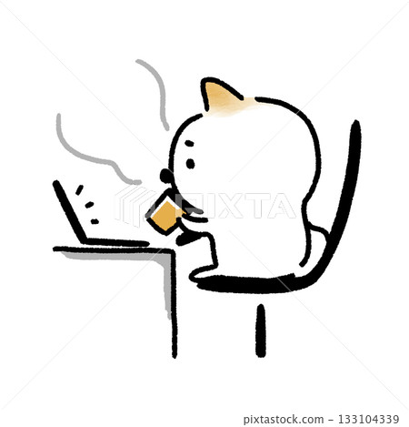 A white Shiba Inu drinking a hot drink while looking at a laptop A white Shiba Inu drinking a hot drink while looking at a laptop 133104339