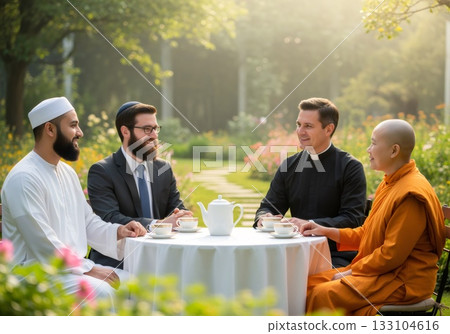 Four Religious Leaders From Different Faiths Sharing Tea in Peaceful Garden Setting During Interfaith Dialogue Meeting 133104616