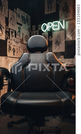 Empty tattoo chair in moody shop black leather seat soft glow from neon OPEN sign 133104663