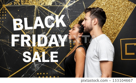 Stylish couple embracing against luxurious geometric backdrop during Black Friday shopping celebration event 133104667
