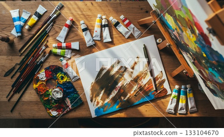 Overhead flat lay of an artist's workspace with colorful paint tubes brushes palette and canvas on wooden table 133104670