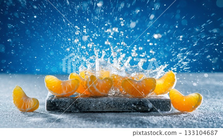 Explosive water splash erupts from fresh orange segments arranged on dark granite slab with crystalline droplets dancing through azure backdrop Explosive water splash erupts from fresh orange segments arranged on dark granite slab with crystalline droplets dancing through azure backdrop 133104687