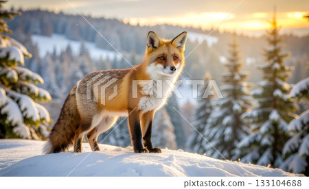 Wild red fox stands majestically on snowy mountain ridge during golden sunrise with winter forest backdrop Wild red fox stands majestically on snowy mountain ridge during golden sunrise with winter forest backdrop 133104688