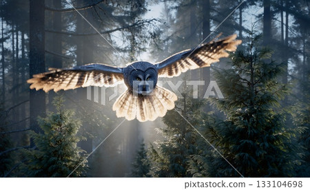 Great gray owl emerging from pine forest at dawn, silent flight, frost on feathers 133104698