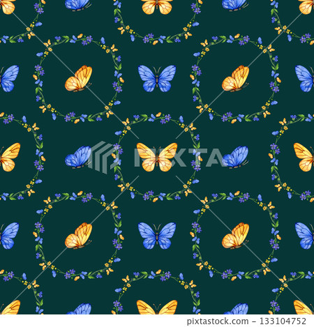 Seamless watercolor pattern with blue and yellow butterflies and floral wreaths, hand-painted spring design, delicate cottagecore background for fabric and wrapping paper. 133104752