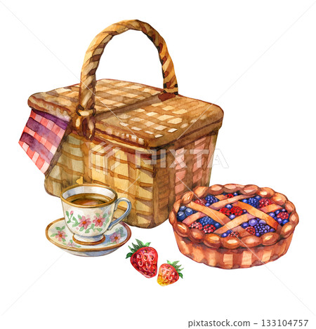 Watercolor picnic set with a wicker basket, berry pie, tea cup and strawberries. Cozy summer food illustration perfect for cards, menus, packaging, posters and seasonal designs. 133104757
