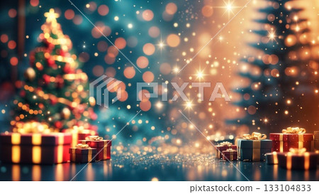 Enchanted Christmas Scene with Sparkling Gift Boxes and Dreamy Bokeh Lights Creating Magical Holiday Atmosphere 133104833