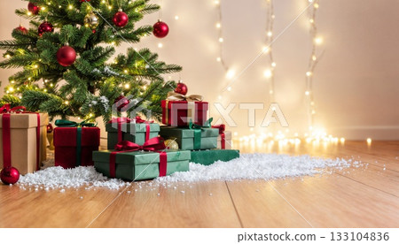 Glowing Christmas Tree with Wrapped Presents on Wooden Floor During Golden Hour Lighting 133104836