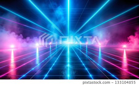 Electric Cyan Magenta Laser Grid Creates Spectacular Nightclub Dance Floor With Dynamic Neon Light Beams 133104855