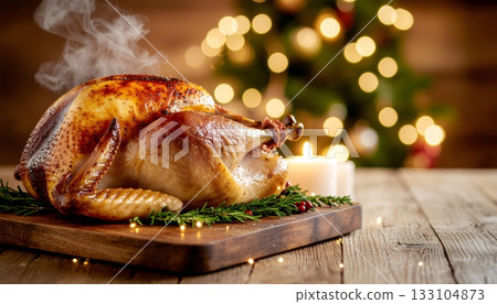 Perfectly Roasted Holiday Turkey with Golden Crispy Skin Steaming on Rustic Wooden Board Against Festive Christmas Tree Lights 133104873