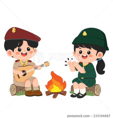Cartoon Scouts Playing Guitar Around Campfire 133104887