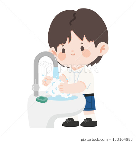 Boy Student Washing Hands with Soap 133104893