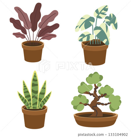 Illustration of Potted Houseplants in Brown Pots 133104902