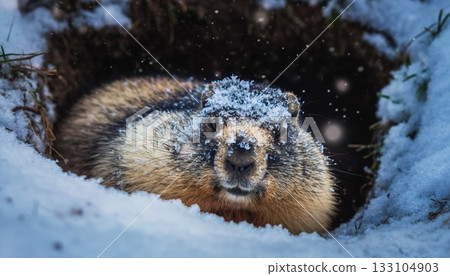 Adorable Marmot Peeks from Snow-Covered Burrow During Winter Hibernation with Frost on Whiskers Adorable Marmot Peeks from Snow-Covered Burrow During Winter Hibernation with Frost on Whiskers 133104903