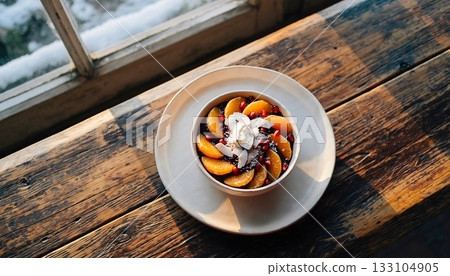 Vibrant acai bowl artfully arranged with fresh orange segments and pomegranate seeds on rustic weathered wooden table Vibrant acai bowl artfully arranged with fresh orange segments and pomegranate seeds on rustic weathered wooden table 133104905
