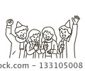 Illustration of a group of men and women celebrating with crackers (line drawing only) 133105008