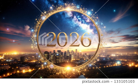 Mystical Golden Portal Frame Floating Above Urban Skyline with Magical Sparkles and Year 2026 Typography 133105103