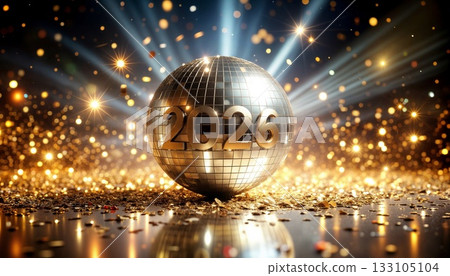 Spectacular golden disco ball featuring 2026 numerals amid dazzling spotlight beams and shimmering party atmosphere 133105104