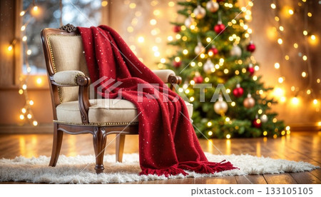 Luxurious red cashmere scarf elegantly draped over vintage armchair beside twinkling Christmas tree in cozy living room Luxurious red cashmere scarf elegantly draped over vintage armchair beside twinkling Christmas tree in cozy living room 133105105