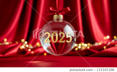 Transparent Glass Christmas Bauble Displaying Golden 2025 Numbers Against Luxurious Red Silk Backdrop Transparent Glass Christmas Bauble Displaying Golden 2025 Numbers Against Luxurious Red Silk Backdrop 133105106