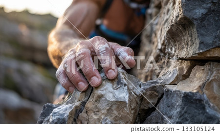 Determined rock climber's chalked fingers gripping natural limestone cliff face during outdoor adventure ascent 133105124