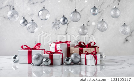 Elegant Silver Crystal Ornaments Suspended Above Wrapped Holiday Presents on Marble Surface 133105157