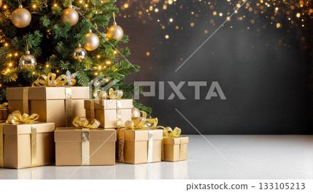 Luxurious Golden Gift Boxes Beneath Illuminated Christmas Tree with Sparkling Bokeh Background 133105213