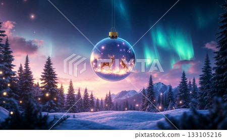 Enchanted Glass Christmas Ornament Floating Above Snowy Winter Forest with Aurora Borealis and Flying Reindeer Enchanted Glass Christmas Ornament Floating Above Snowy Winter Forest with Aurora Borealis and Flying Reindeer 133105216