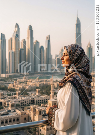 Elegant Woman in Traditional Hijab Overlooking Dubai's Magnificent Skyline During Golden Hour 133105232