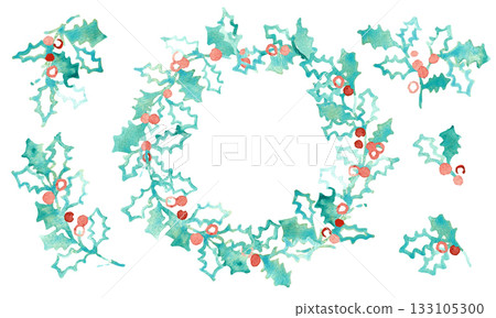 水彩畫。向量水彩聖誕插畫。冬青水彩插畫。 133105300