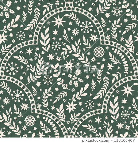 Dark Holiday Scallop Botanical Pattern 133105407