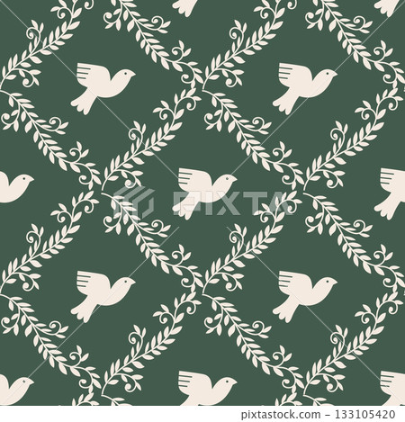Flying Doves Botanical Seamless Pattern 133105420