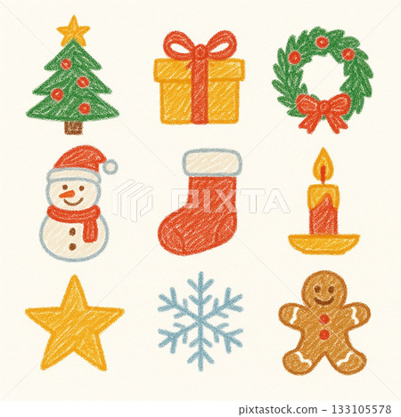 彩色蠟筆風格聖誕圖示套裝 133105578