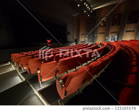 Stage and red seats in a dark theater. Expectation, performance, and creativity through contrast of light and artistic atmosphere. Stage and red seats in a dark theater. Expectation, performance, and creativity through contrast of light and artistic atmosphere. 133105579