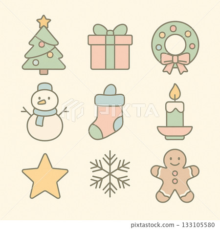 Pastel colored flat Christmas icon set 133105580