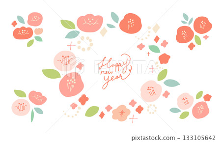 New Year's material. A cute frame of camellias and cherry blossoms for New Year's cards. Japanese-style floral material. 133105642