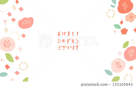 New Year's material. A cute frame of camellias and cherry blossoms for New Year's cards. Japanese-style floral material. 133105643