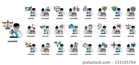 A series of cartoon characters with the word Scientist written below them A series of cartoon characters with the word Scientist written below them 133105709