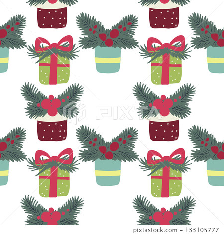 Christmas festive seamless pattern. Hand drawn  gift boxes and fur branches. 133105777