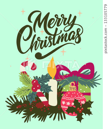 Festive  vector card with holiday elements including gifts, candles, ornaments, balls and Merry Christmas text. Perfect for greeting cards, seasonal designs, and winter celebrations. 133105779