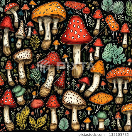 Whimsical Mushroom Wonderland A Colorful and Enchanting Forest Floor Illustration, Vintage Style 133105785
