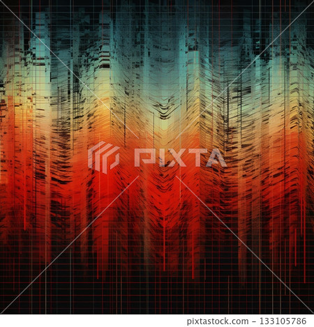 Abstract Digital Glitch Art Data Stream Distortion with Vibrant Colors and Grid Overlay 133105786