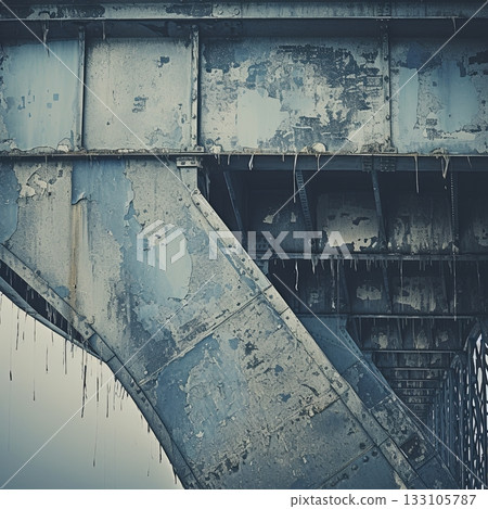 Weathered Metal Bridge Structure with Peeling Paint and Rivets, Industrial Architecture Weathered Metal Bridge Structure with Peeling Paint and Rivets, Industrial Architecture 133105787