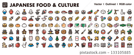 日本飲食文化圖示插畫集 - 包含日本料理、傳統日本文化、現代文化和旅遊相關的向量素材 133105885