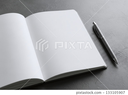 Notebook and ballpoint pen on a gray background 133105907