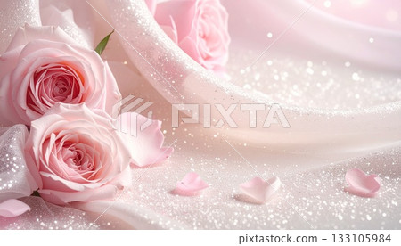 Pale pink roses with white glitter and silk. Romantic and elegant Valentine's Day wedding background. Pale pink roses with white glitter and silk. Romantic and elegant Valentine's Day wedding background. 133105984