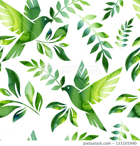 Seamless background with watercolor birds, watercolor green . Hand drawn. Not AI, vector illustration. 133105990