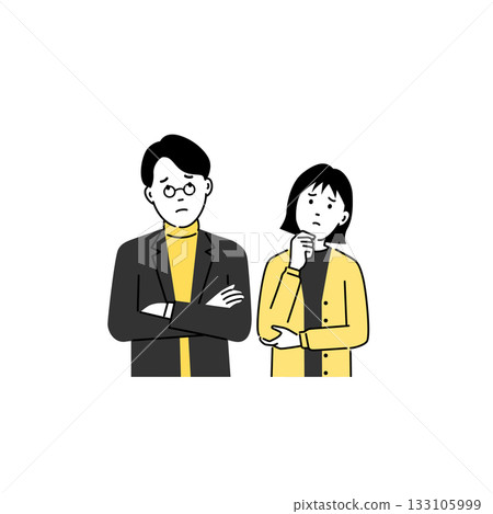 A simple flat illustration of a young man and woman thinking deeply about worries and anxieties 133105999