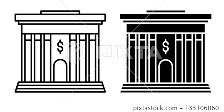Linear icon. Facade of a bank building with columns and a central entrance. Simple vector isolated on white background Linear icon. Facade of a bank building with columns and a central entrance. Simple vector isolated on white background 133106060