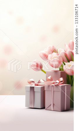 Gifts for March 8th, Mothers day, Pink Present boxes background, copy space 133106714